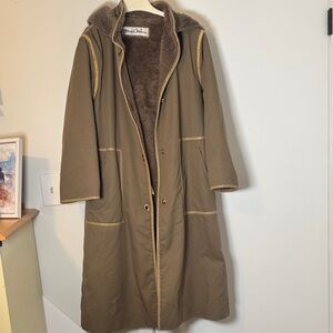 EUC Vintage Bonnie Cashin Orvis Olive Long Shearling Trench Coat Detach Hood M